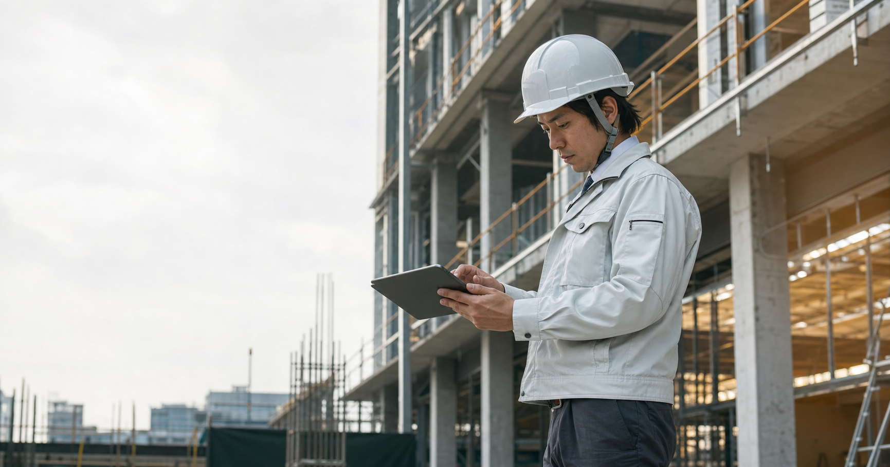 建設現場でタブレットを操作する施工管理者
